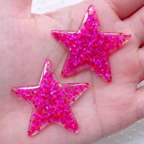 CLEARANCE Glitter Star Cabochon Charm / Star Charms with Confetti (2pcs / 39mm x 38mm / Dark Pink) Kawaii Jewellery Cute Decoden Kitsch Deco CHM2283