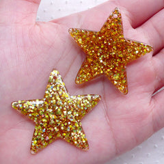 Glitter Star Charm / Bling Star Cabochon Charms with Confetti (2pcs / 39mm x 38mm / Gold) Kitsch Jewellery Kawaii Decoden Cute Deco CHM2284