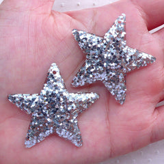 Confetti Star Charm / Star Cabochon Charms with Glitter Sequin (2pcs / 39mm x 38mm / Silver) Cute Jewelry Kitsch Decoden Kawaii Deco CHM2285