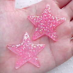 Sequin Star Cabochon Charm / Star Charm with Glitter Confetti (2pcs / 39mm x 38mm / Light Pink) Cute Decoration Kawaii Embellishment CHM2287