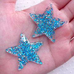 CLEARANCE Sequin Star Charm / Star Resin Cabochon Charms with Glitter Confetti (2pcs / 39mm x 38mm / Blue) Kawaii Phone Case Deco Whimsical CHM2288