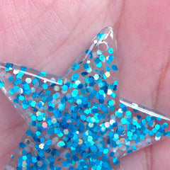 CLEARANCE Sequin Star Charm / Star Resin Cabochon Charms with Glitter Confetti (2pcs / 39mm x 38mm / Blue) Kawaii Phone Case Deco Whimsical CHM2288