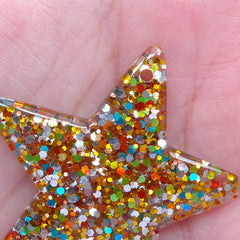 Colorful Glitter Confetti Star Cabochon / Star Charms with Sequin (2pcs / 39mm x 38mm / Gold) Decoden Phone Case Whimsical Deco CHM2289