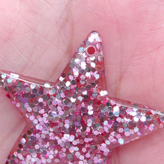 CLEARANCE Decoden Piece / Sprinkle Star Charms w/ Sequin / Glitter Star Cabochon w/ Confetti (2pcs / 39mm x 38mm / Pink) Kawaii Bling Jewelry CHM2290