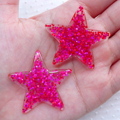 CLEARANCE Glitter Star Cabochon Charm / Star Charms with Confetti (2pcs / 39mm x 38mm / Dark Pink) Kawaii Jewellery Cute Decoden Kitsch Deco CHM2283