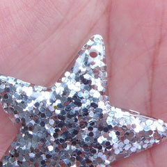 Confetti Star Charm / Star Cabochon Charms with Glitter Sequin (2pcs / 39mm x 38mm / Silver) Cute Jewelry Kitsch Decoden Kawaii Deco CHM2285