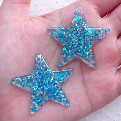 CLEARANCE Sequin Star Charm / Star Resin Cabochon Charms with Glitter Confetti (2pcs / 39mm x 38mm / Blue) Kawaii Phone Case Deco Whimsical CHM2288