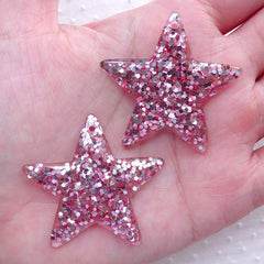 CLEARANCE Decoden Piece / Sprinkle Star Charms w/ Sequin / Glitter Star Cabochon w/ Confetti (2pcs / 39mm x 38mm / Pink) Kawaii Bling Jewelry CHM2290