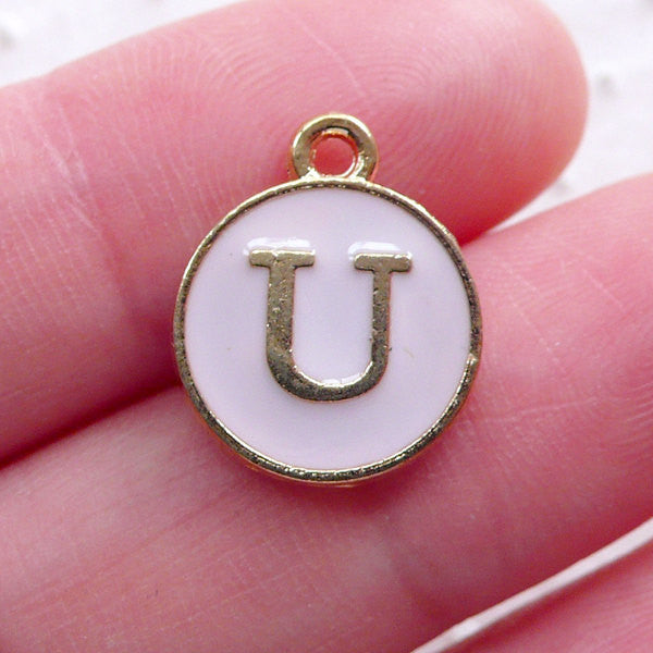 Alphabet U Charm Enamel Charm (1 piece / 13mm x 15mm / Gold & Pink) Initial Charm Letter Charm Personalized Jewellery Earring Making CHM2311