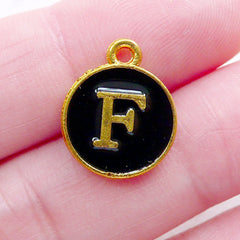 Initial F Charm (1 piece / 13mm x 15mm / Gold & Black / 2 Sided) Letter Enamel Charm Alphabet Charm Personalized Jewelry Key Chain CHM2322