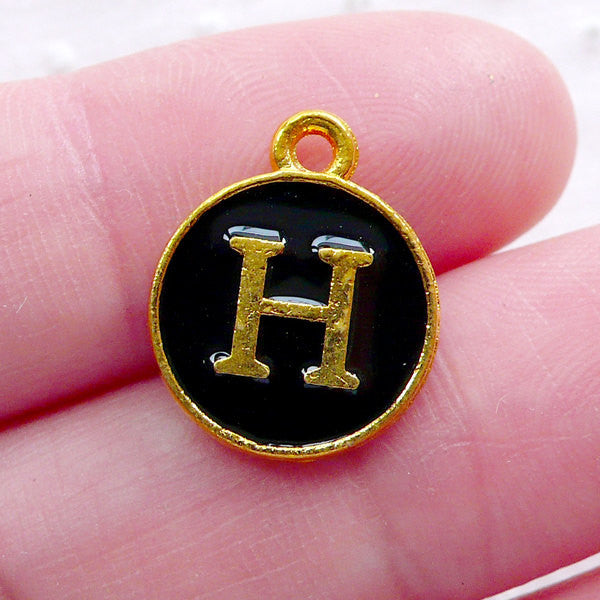 Alphabet H Charm (1 piece / 13mm x 15mm / Gold & Black / 2 Sided) Initial Enamel Charm Letter Charm Personalised Jewelry Favor Deco CHM2324