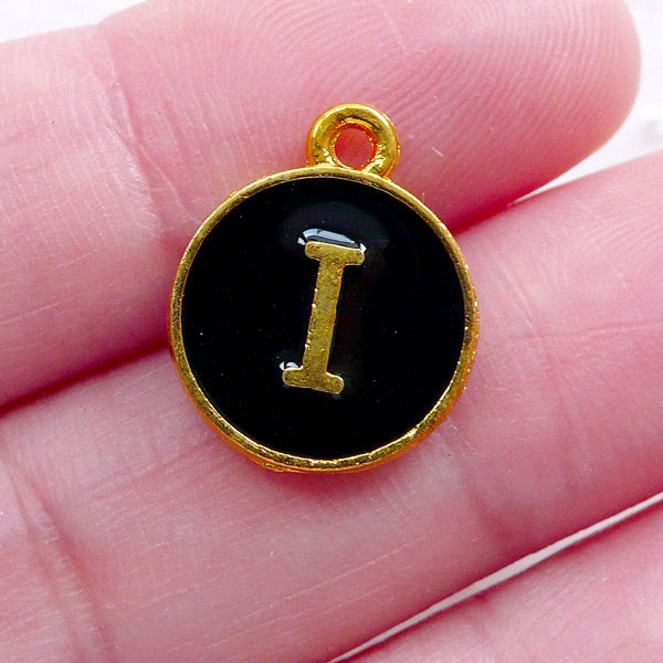 Initial I Charm (1 piece / 13mm x 15mm / Gold & Black / 2 Sided) Alphabet Enamel Charm Letter Charm Personalised Gift Packaging CHM2325