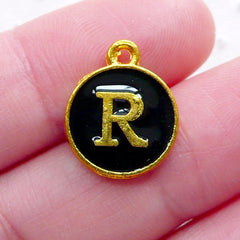 Initial R Charm (1 piece / 13mm x 15mm / Gold & Black / 2 Sided) Letter Enamel Charm Alphabet Charm Personalized Handbag Charm CHM2334