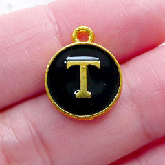 CLEARANCE Alphabet T Charm (1 piece / 13mm x 15mm / Gold & Black / 2 Sided) Initial Enamel Charm Letter Charm Personalised Wine Glass Charm CHM2336