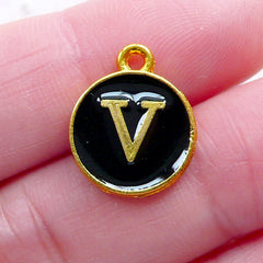 Letter V Charm (1 piece / 13mm x 15mm / Gold & Black / 2 Sided) Alphabet Enamel Charm Initial Charm Personalized Zipper Pull Charm CHM2338