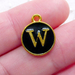 Alphabet W Charm (1 piece / 13mm x 15mm / Gold & Black / 2 Sided) Letter Enamel Charm Initial Charm Personalised Bracelet Making CHM2339