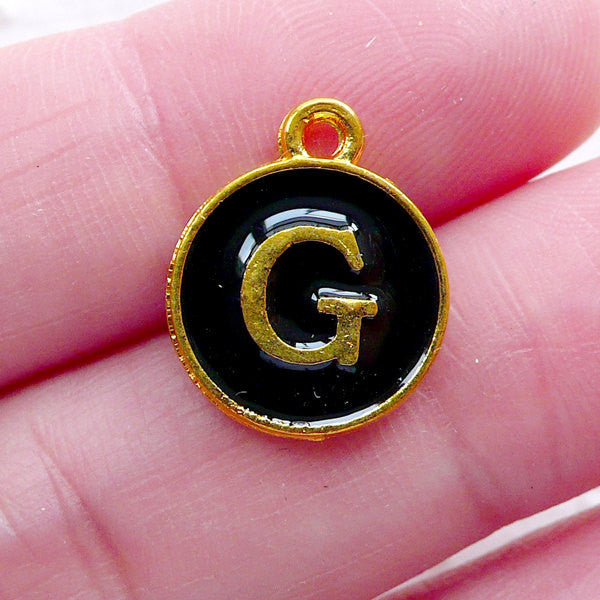 Letter G Charm (1 piece / 13mm x 15mm / Gold & Black / 2 Sided) Initial Enamel Charm Alphabet Charm Personalised Jewellery Gift Deco CHM2323