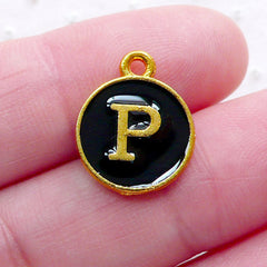 Letter P Charm (1 piece / 13mm x 15mm / Gold & Black / 2 Sided) Alphabet Enamel Charm Initial Charm Personalised Key Ring Making CHM2332