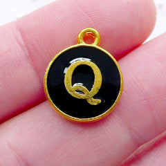 Alphabet Q Charm (1 piece / 13mm x 15mm / Gold & Black / 2 Sided) Letter Enamel Charm Initial Charm Personalized Keyring Making CHM2333