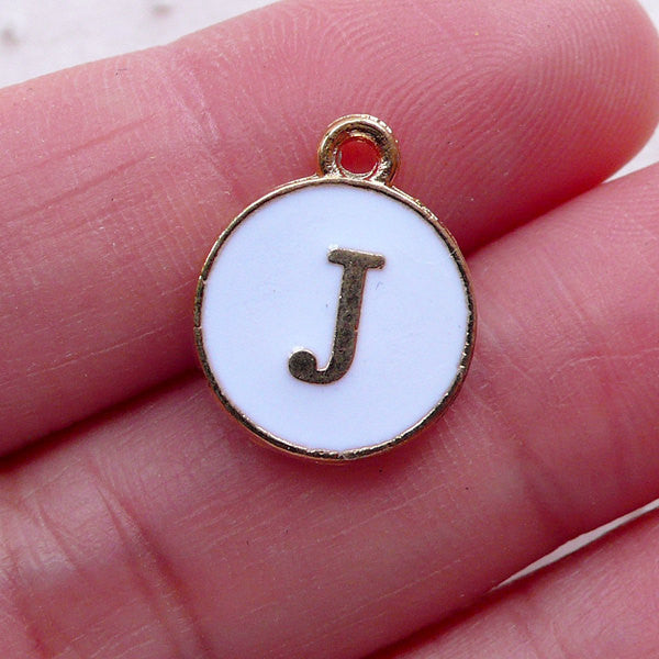Alphabet J Charm (1 piece / 13mm x 15mm / Gold & White / 2 Sided) Initial Charm Letter Enamel Charm Personalised Key Ring Making CHM2352