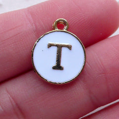 Initial T Charm (1 piece / 13mm x 15mm / Gold & White / 2 Sided) Letter Charm Alphabet Enamel Charm Personalised Jewellery Making CHM2362