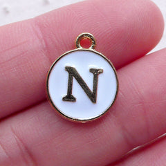 Initial N Charm (1 piece / 13mm x 15mm / Gold & White / 2 Sided) Letter Charm Alphabet Enamel Charm Personalized Bookmark Charm CHM2356