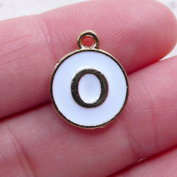 Letter O Charm (1 piece / 13mm x 15mm / Gold & White / 2 Sided) Initial Charm Alphabet Enamel Charm Personalized Zipper Pull Charm CHM2357