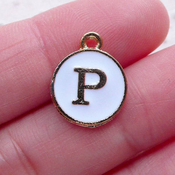 Alphabet P Charm (1 piece / 13mm x 15mm / Gold & White / 2 Sided) Initial Charm Letter Enamel Charm Personalized Earrings Making CHM2358