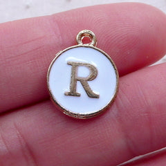 CLEARANCE Letter R Charm (1 piece / 13mm x 15mm / Gold & White / 2 Sided) Alphabet Charm Initial Enamel Charm Personalized Jewellery Gift Deco CHM2360