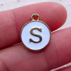 Alphabet S Charm (1 piece / 13mm x 15mm / Gold & White / 2 Sided) Letter Charm Initial Enamel Charm Personalized Jewelry Favor Deco CHM2361
