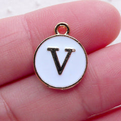 CLEARANCE Alphabet V Charm (1 piece / 13mm x 15mm / Gold & White / 2 Sided) Initial Charm Letter Enamel Charm Personalized Jewelry Decoration CHM2364
