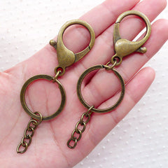 Big Lobster Clasp w/ Split Key Ring & Chain (27mm x 90mm / Antique Bronze / 4 sets) Keychain Key Holder Handbag Purse Charm Making F322