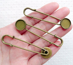 Blank Brooch with 12mm Round Glue on Pad / Brooch Pin with Bezel Tray / Metal Safety Pin with Cabochon Setting (5pcs / Antique Bronze) F321
