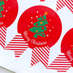 CLEARANCE Merry Christmas Stickers in Badge Shape / Christmas Tree Stickers (12pcs / Red) Christmas Favor Seals Gift Packaging Party Supplies S324