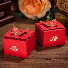 Wedding Candy Boxes with Gold Foil Print / Butterfly & Double Happy Gift Boxes / Paper Favor Box / Treat Box (5pcs / Red) Party Supply GB161