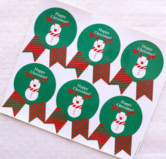 CLEARANCE Happy Christmas Stickers in Badge Shape / Christmas Snowman Stickers (12pcs / Green) Christmas Supplies Party Favor Seals Gift Packing S325