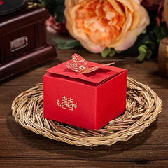 Wedding Candy Boxes with Gold Foil Print / Butterfly & Double Happy Gift Boxes / Paper Favor Box / Treat Box (5pcs / Red) Party Supply GB161