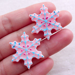 Christmas Snow Flake Cabochons (2pcs / 27mm / Pink / Flat Back) Kawaii Phone Case Party Supplies Winter Embellishment Scrapbooking CAB529