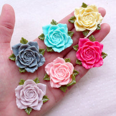 Rose Cabochons / Big Floral Cabochon (6pcs / 39mm / Assorted Mix / Flat Back) Large Flower Jewelry Spring Scrapbook Cell Phone Deco CAB539