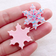 Christmas Snow Flake Cabochons (2pcs / 27mm / Pink / Flat Back) Kawaii Phone Case Party Supplies Winter Embellishment Scrapbooking CAB529