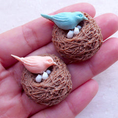 Bird Nest Resin Cabochons (2pcs / 26mm x 36mm / Pink & Blue / Flatback) Animal Scrapbook Lovely Embellishment Brooch Jewellery Making CAB530