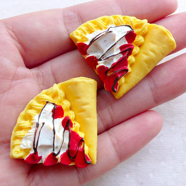 Miniature Strawberry Crepe Cabochons (2pcs / 37mm x 29mm / Flat Back) Kawaii Dollhouse Sweets Decoden Phone Case Whimsical Jewelry FCAB429