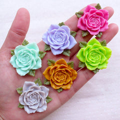 Assorted Big Rose Cabochons / Large Flower Cab Mix (6pcs / 39mm / Flatback) Floral Embellishment Scrapbooking Decoden Phone Case CAB538