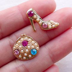Coin Purse and High Heel Shoe Metal Cabochon w/ Rhinestones and Pearls (2pcs / 16mm & 18mm / Gold) Fashion Cabochon Kawaii Decoden CAB541
