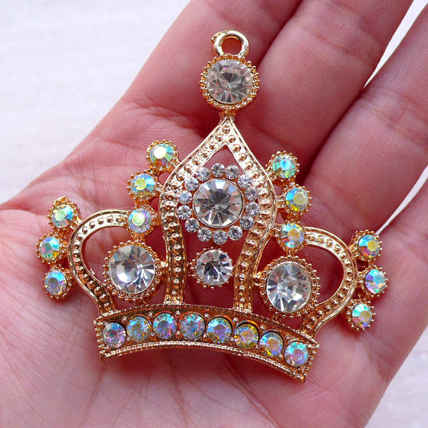 Large Crown Charm with Rhinestones / Big Crown Pendant (1 piece / 58mm x 56mm / Gold) Bling Metal Cabochon Phone Case Decoration CHM2372