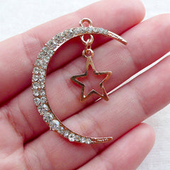 CLEARANCE Crescent Moon and Star Charm with Rhinestones / Luna Pendant (1 piece / 29mm x 39mm / Gold) Quarter Moon Cabochon Celestial Jewelry CHM2373