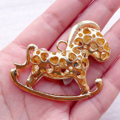 Large Rocking Horse Charm Pendant with Gems / Big Rocking Horse Metal Cabochon (1 piece / 50mm x 45mm / Gold) Kawaii Phone Case Deco CHM2374