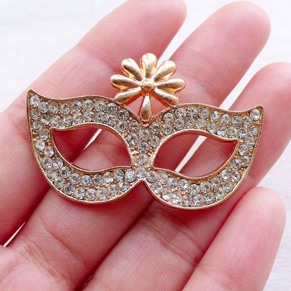 Masquerade Mask Cabochon w/ Clear Rhinestones (1 piece / 45mm x 29mm / Gold) Phone Case Embellishment Decoden Bling Jewellery Making CAB546