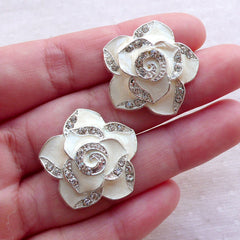 Rose Flower Enamel Cabochon with Clear Rhinestones (2pcs / 25mm / White) Hairbow Centers Table Scatter Wedding Party Decoration CAB557