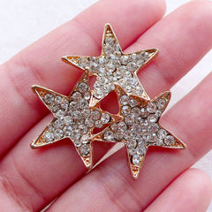 Triple Star Metal Cabochon w/ Bling Bling Rhinestones (1 piece / 35mm x 37mm / Gold) Brooch Hair Clip Making Decoden Phone Case CAB540